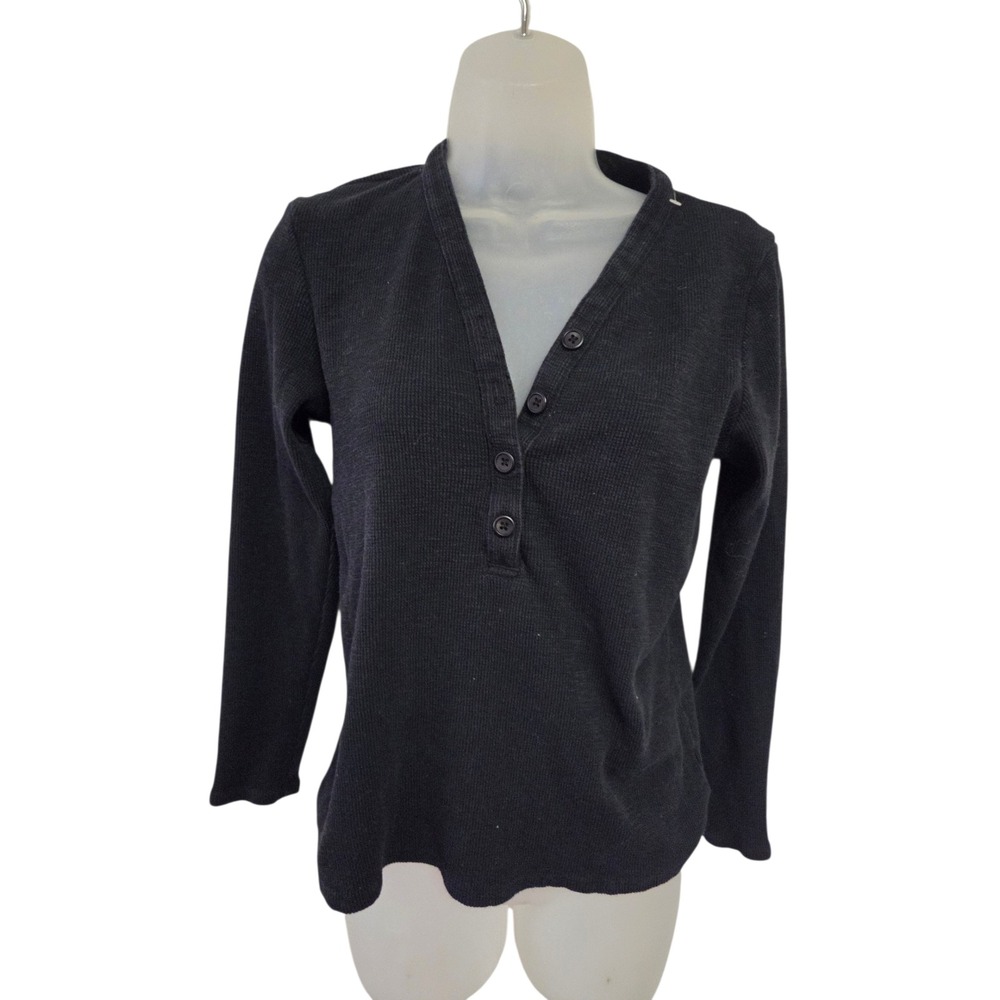 Standard James Perse Black Waffle Knit Thermal Henley Long Sleeve Top Size 3